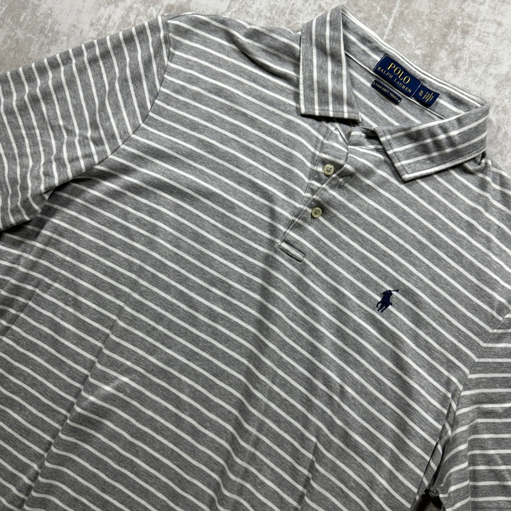 Polo Ralph Lauren Polo Shirt Mens XL Gray White Striped Pima Soft Touch Short Sl